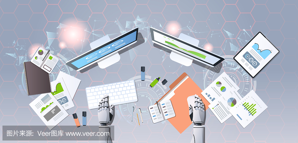 modern robot hands at workplace humanoid analyzing financial graphs diagrams business analytics report artificial intelligence concept top angle desktop view horizontal